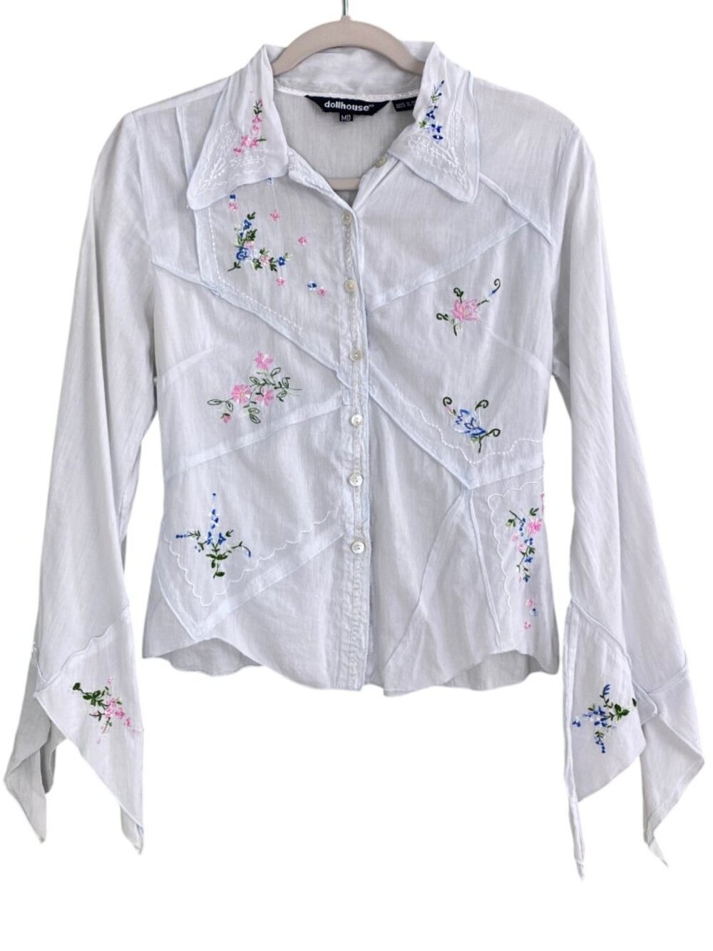 Vintage Dollhouse Y2K Embroidered Top Floral Point Flare Sleeve Coquette-M